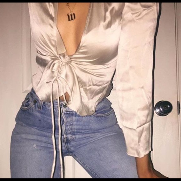 Uncommon Grace Tops - NWT 💕Khaki Satin Front-tie Blouse